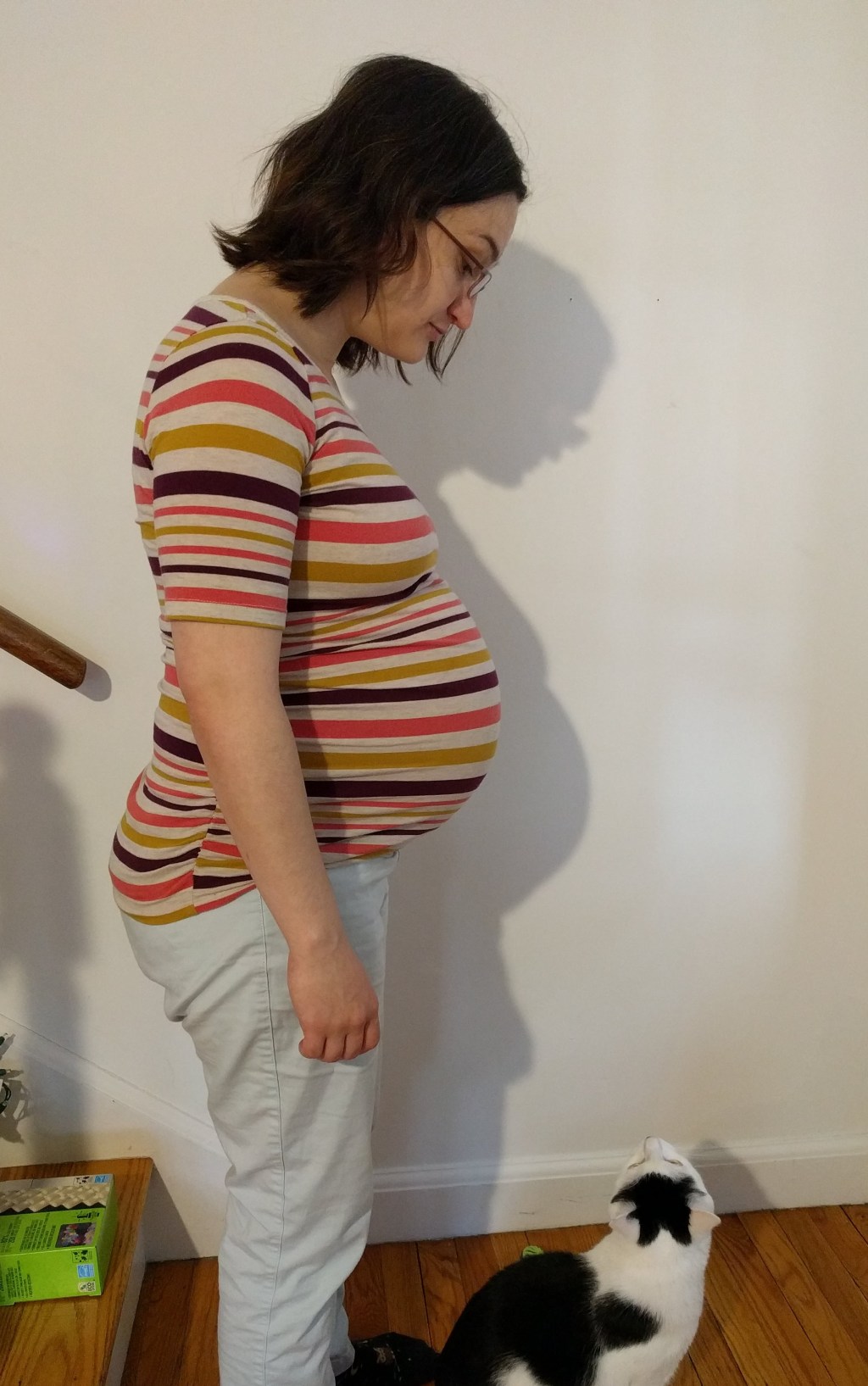 I am standing, showing my profile, looking down at my cat, who is looking up at me.