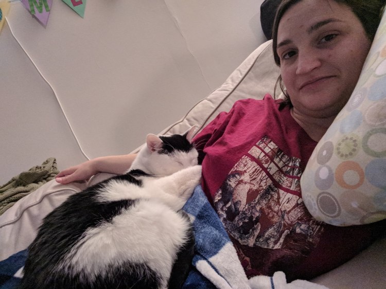 A selfie of me, reclined on the sofa, with my cat squarely on my pregnant belly.