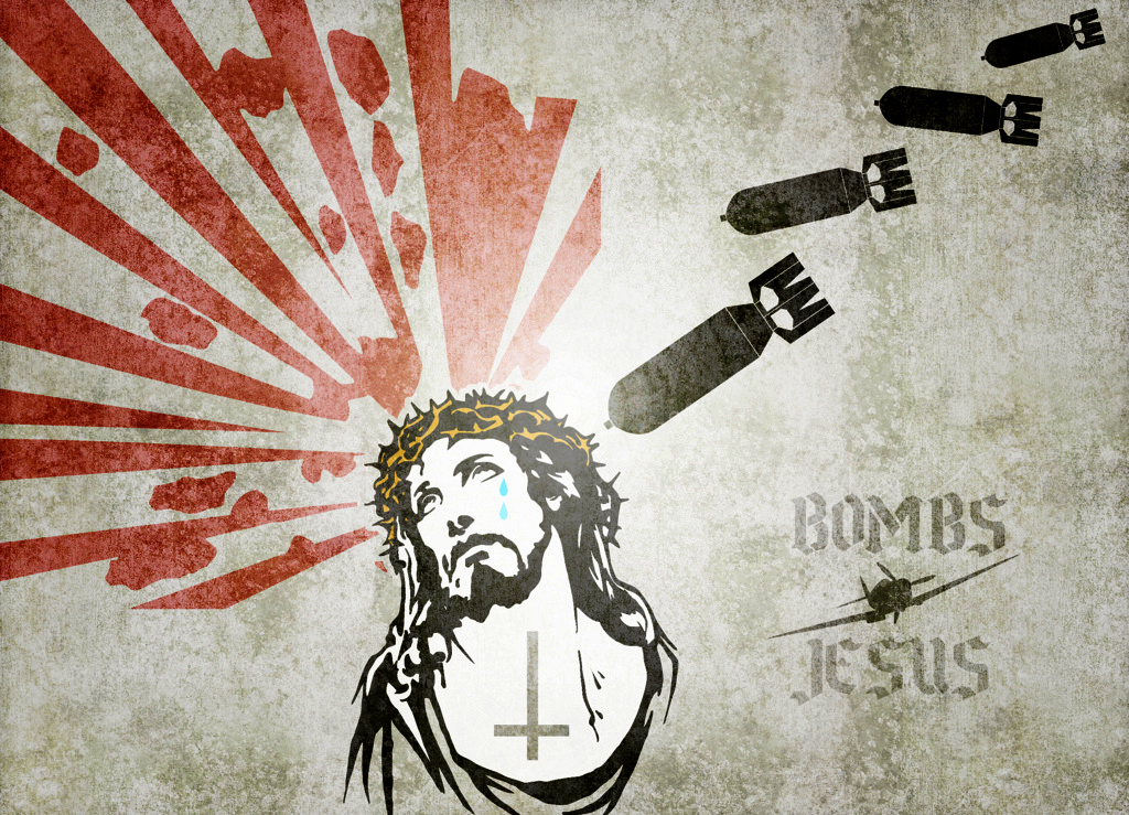 Bombs fall on a Christ figure wearing a crown of thorns and crying.
Mural of Christ's tears over the bombs of war, from Art in the Christian Tradition, a project of the Vanderbilt Divinity Library, Nashville, TN. https://diglib.library.vanderbilt.edu/act-imagelink.pl?RC=55059 [retrieved October 20, 2023]. Original source: http://www.flickr.com/photos/69705352@N04/6335749211/.