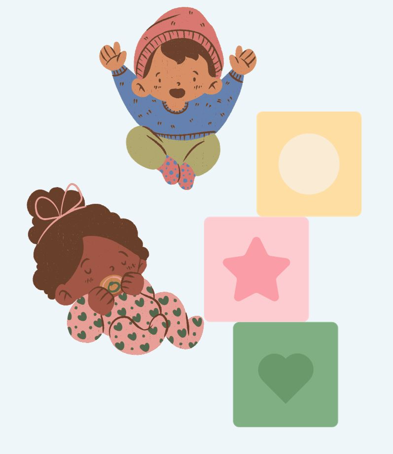 Two babies pose in typical poses, one reaching for an adult and the other sleeps with a pacifier.