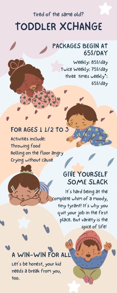 An imaginary brochure offering a toddler/family switching service.