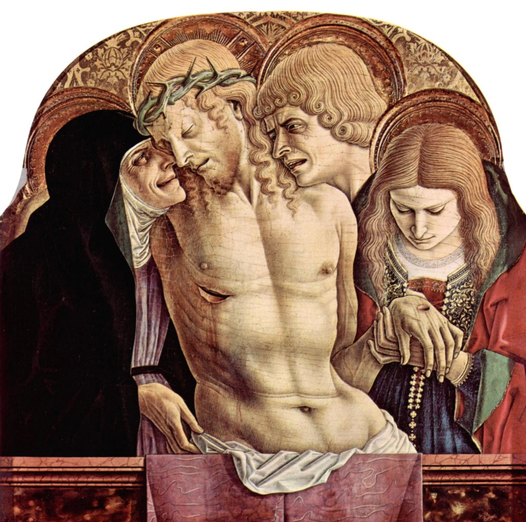 Crivelli, Carlo, 15th cent.. Mourning the Death of Christ, from Art in the Christian Tradition, a project of the Vanderbilt Divinity Library, Nashville, TN. https://diglib.library.vanderbilt.edu/act-imagelink.pl?RC=46466 [retrieved April 4, 2026]. Original source: https://commons.wikimedia.org/wiki/File:Carlo_Crivelli_048.jpg.